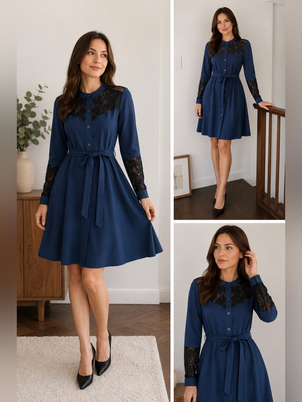Ashley Rose Blue Lace Sleeve Belted Dress Size 44 / Medium